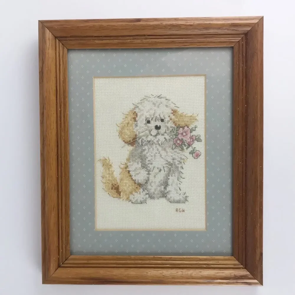 Vintage Shaggy Puppy Dog Flowers Framed Cross Stitch Embroidered Folksy Wall Art